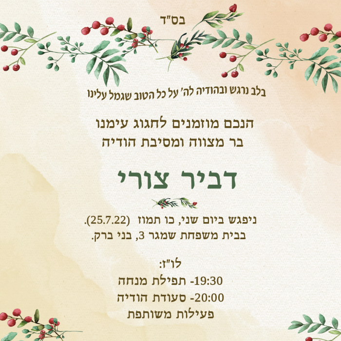 ⁦עיצוב הזמנה לבר מצווה -דגם דביר⁩ – תמונה ⁦2⁩
